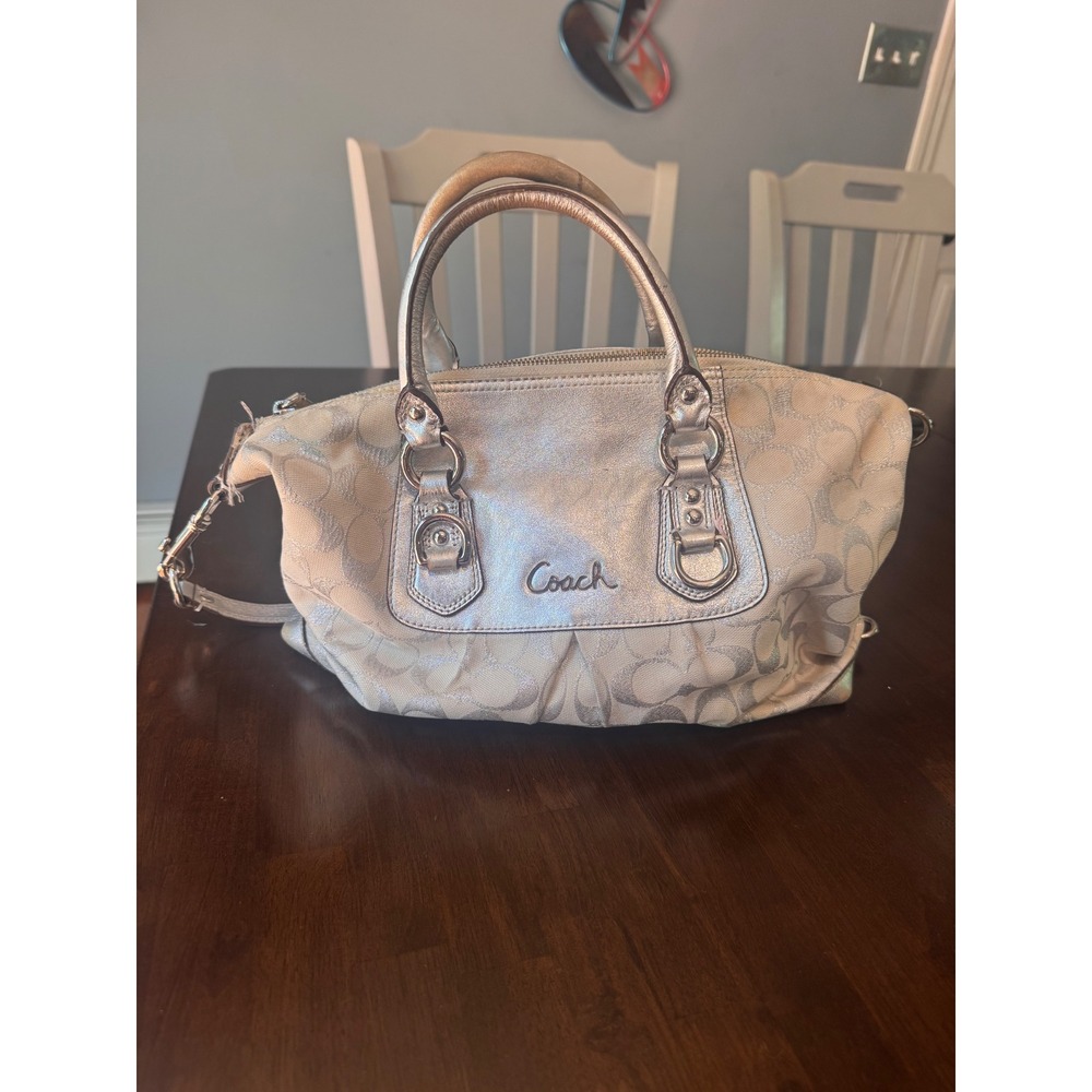 Coach Ashley Signature Satchel Silver Metallic Leather Handbag F15804